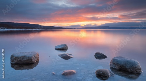A serene landscape at sunset with calm water and scattered rocks, creating a peaceful atmosphere.