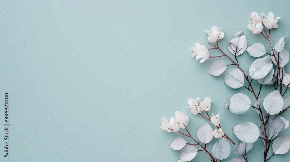 Fototapeta premium A minimalistic design featuring a silver foliage border, providing ample copy space for text or graphics. The elegant and simple layout is ideal for a modern aesthetic.
