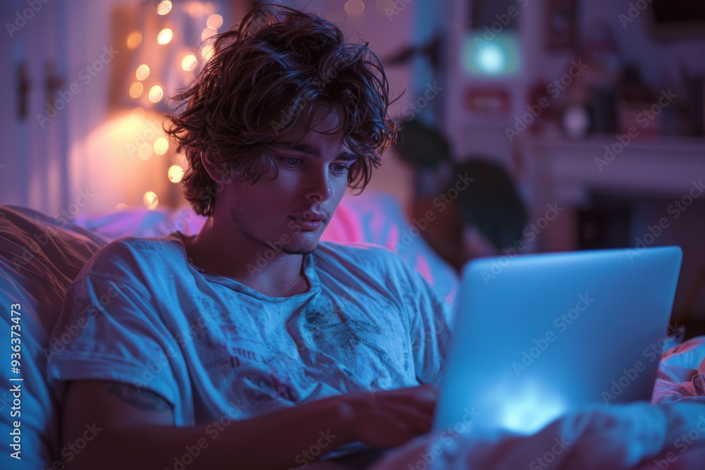 Young man focused on laptop in bedroom with neon lights Young man focused on laptop in bedroom with neon lights
