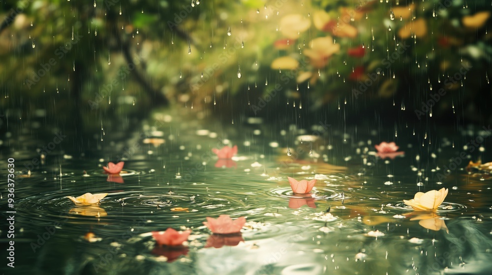 Raindrops falling on a lake or puddle with colorful autumn foliage leaves on rainy autum day Raindrops falling on a lake or puddle with colorful autumn foliage leaves on rainy autum day