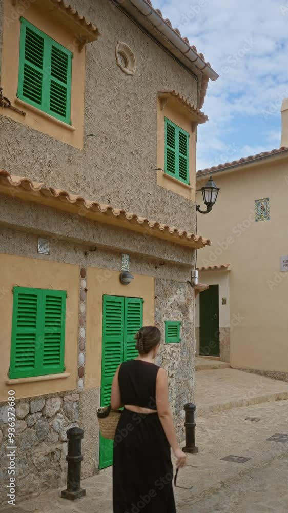 Hispanic woman in a black dress walking outdoors in port de valldemossa, mallorca, spain with traditional stone houses and bright green shutters Hispanic woman in a black dress walking outdoors in port de valldemossa, mallorca, spain with traditional stone houses and bright green shutters