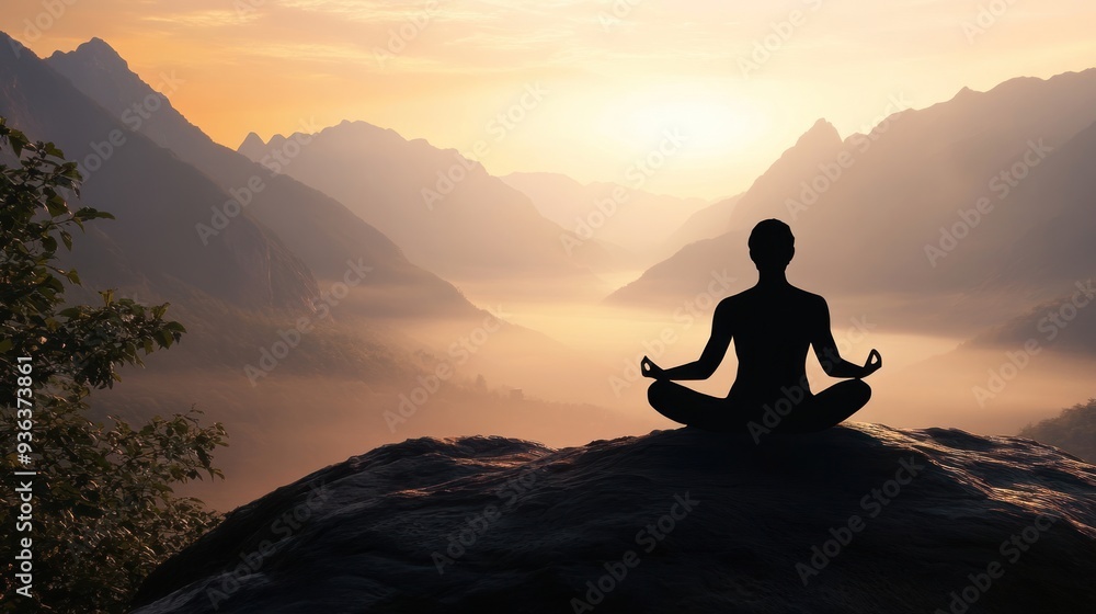 Serene Meditation at Sunrise - A peaceful silhouette of a person meditating on a mountaintop at sunrise, surrounded by misty mountains and a glowing sky. Serene Meditation at Sunrise - A peaceful silhouette of a person meditating on a mountaintop at sunrise, surrounded by misty mountains and a glowing sky.