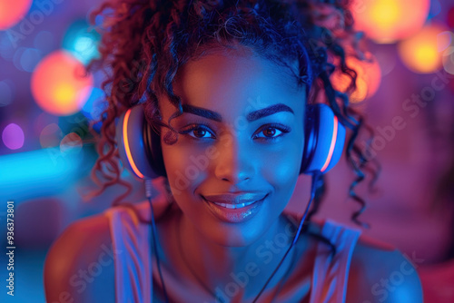 Young woman enjoying music with headphones in vibrant neon lights