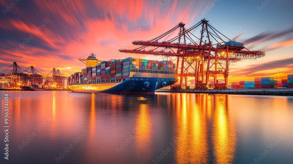 A vibrant sunset scene featuring a cargo ship at a bustling port with cranes and colorful containers. A vibrant sunset scene featuring a cargo ship at a bustling port with cranes and colorful containers.