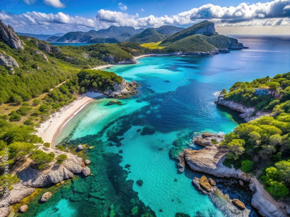 Breathtaking aerial perspective of Cala Agulla's pristine beach, surrounded by lush nature, with crystal-clear turquoise waters and rugged coastline in Mallorca's serene Mediterranean landscape. Breathtaking aerial perspective of Cala Agulla's pristine beach, surrounded by lush nature, with crystal-clear turquoise waters and rugged coastline in Mallorca's serene Mediterranean landscape.