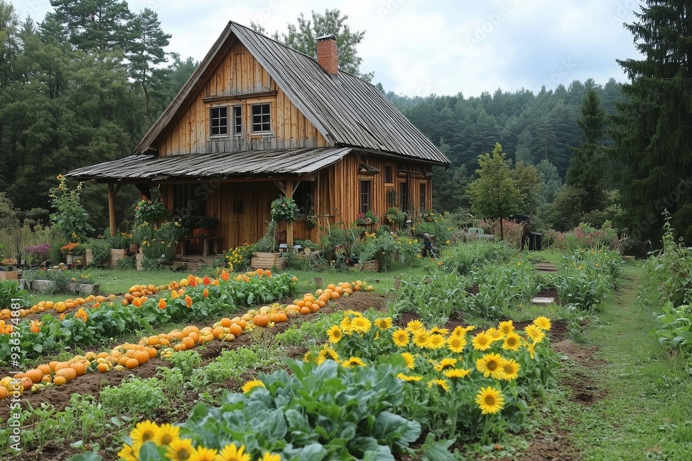 Charming rustic house surrounded by blooming sunflowers and a well-tended vegetable garden in a serene rural setting Charming rustic house surrounded by blooming sunflowers and a well-tended vegetable garden in a serene rural setting