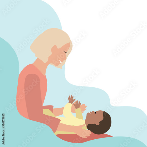 Happy mother playing with her newborn baby. Joy of motherhood. Mother's day. Vector illustration in flat style.