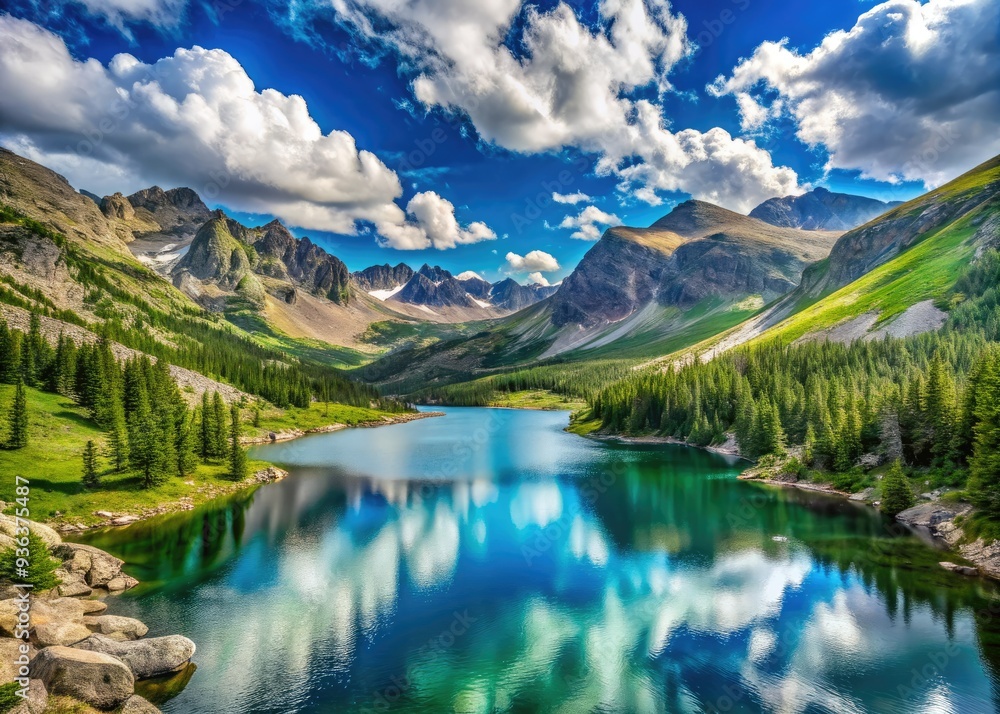 Breathtaking panorama of turquoise Echo Lake surrounded by majestic mountain peaks under a vibrant blue sky with wispy clouds on Mt Evans scenic road. Breathtaking panorama of turquoise Echo Lake surrounded by majestic mountain peaks under a vibrant blue sky with wispy clouds on Mt Evans scenic road.
