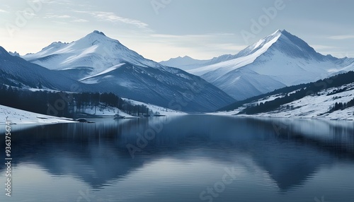 Snow-capped mountains and tranquil lakes, beautiful scenery in cold winter.