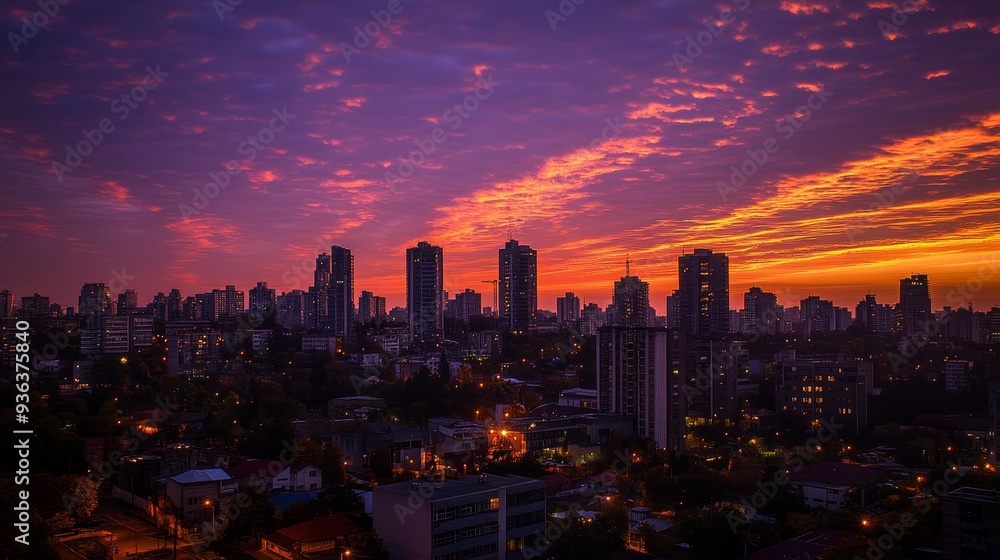 Fototapeta premium A vibrant sunset over a city skyline, showcasing tall buildings against a colorful sky.