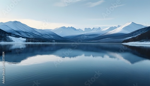 Snow-capped mountains and tranquil lakes, beautiful scenery in cold winter.