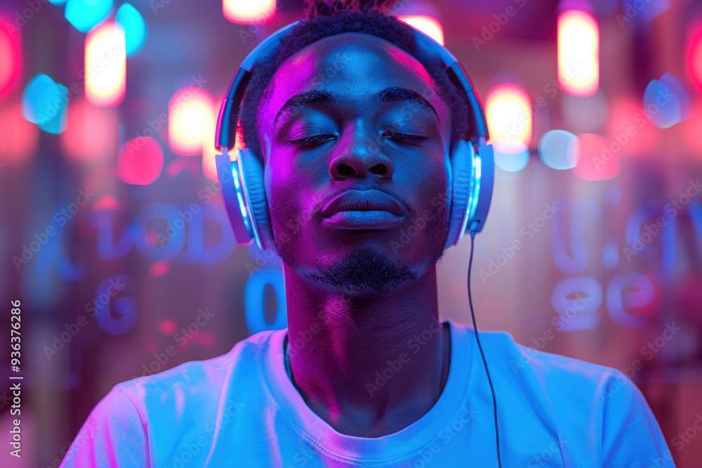 Young man enjoying music with headphones in vibrant neon lights Young man enjoying music with headphones in vibrant neon lights