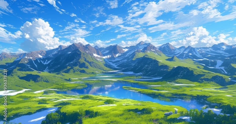 Fototapeta premium Top-Down View of Vast Green Mountains Surrounded by Snow-Capped Peaks and Lakes 