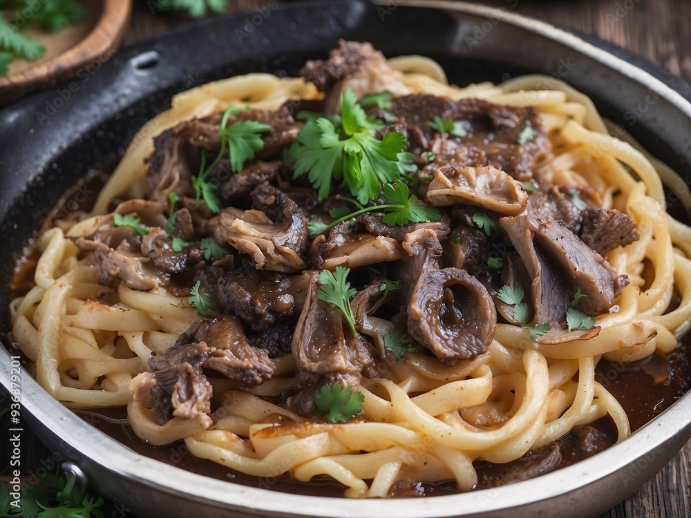 Close-up of linguine in a skillet with glossy brown sauce, crispy chicken liver, caramelized onions, and parsley, set on a dark wooden surface Close-up of linguine in a skillet with glossy brown sauce, crispy chicken liver, caramelized onions, and parsley, set on a dark wooden surface