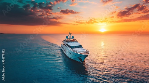 Luxury Yacht Sailing at Sunset Over Ocean Waters