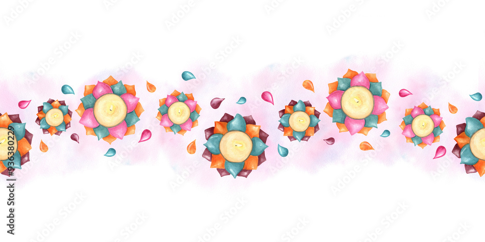 Traditional holiday Diwali Diya watercolor seamless banner. Burning candles in shape of Water lily flower illustration on hand drawn painting pink splashes. Festival of lights. For greeting decor Traditional holiday Diwali Diya watercolor seamless banner. Burning candles in shape of Water lily flower illustration on hand drawn painting pink splashes. Festival of lights. For greeting decor