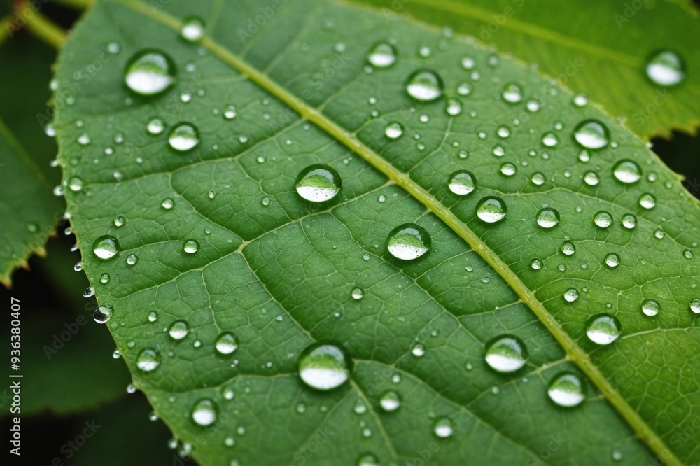 Closeup green leaf with drops of water Closeup green leaf with drops of water