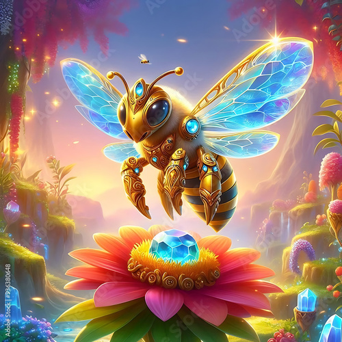 Honey bee with honeycomb on black background. 3d illustration