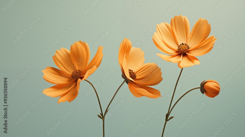 Obraz premium Three minimalistic vibrant orange flowers with delicate petals against a soft green background. The flowers are in various stages of bloom, showcasing their beauty and elegance.
