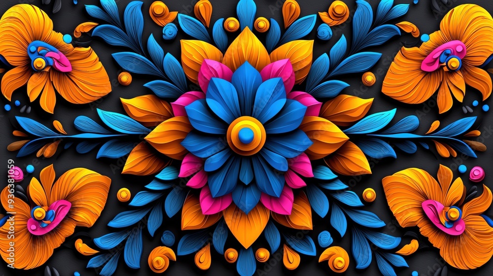 Vibrant floral design featuring intricate blue, orange, and pink flowers on a dark background, perfect for creative projects. Vibrant floral design featuring intricate blue, orange, and pink flowers on a dark background, perfect for creative projects.