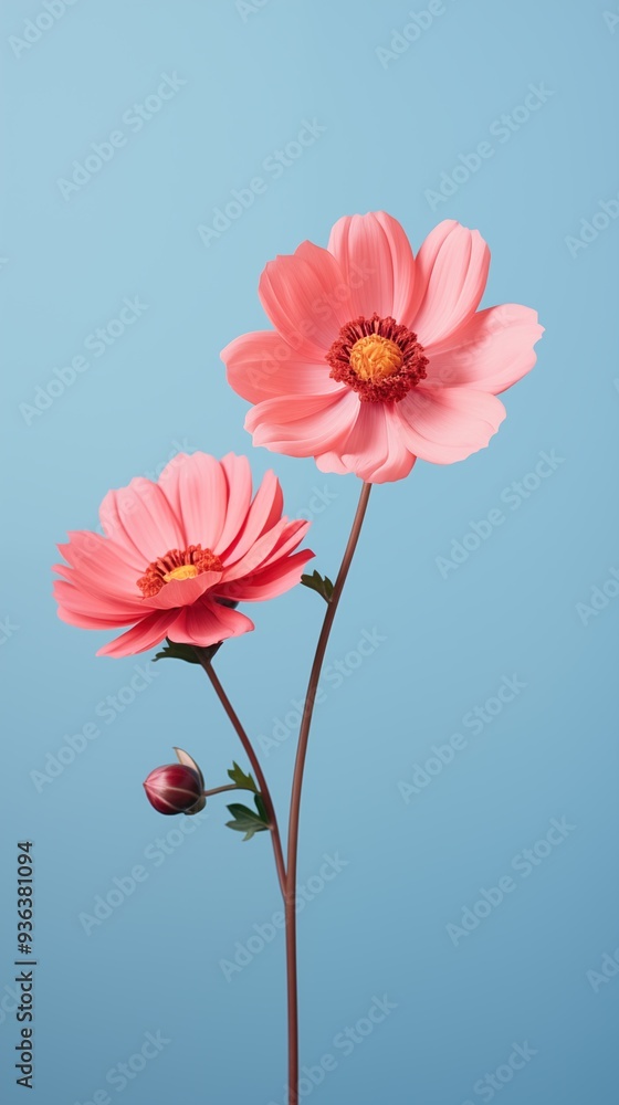Two pink minimalistic flowers with a light blue background, showcasing their delicate petals and vibrant colors. One flower is fully bloomed, while the other is partially opened with a bud nearby. Two pink minimalistic flowers with a light blue background, showcasing their delicate petals and vibrant colors. One flower is fully bloomed, while the other is partially opened with a bud nearby.