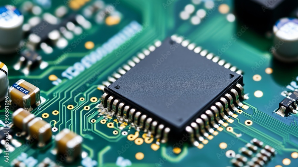 Precision in Miniature: A Close-Up Shot of a Chip on a Green Circuit Board with Intricate Detail Precision in Miniature: A Close-Up Shot of a Chip on a Green Circuit Board with Intricate Detail