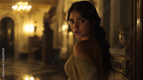 A Hispanic woman in her early twenties stands in a luxurious hall, illuminated by soft light, glancing back with curiosity while wearing an elegant dress