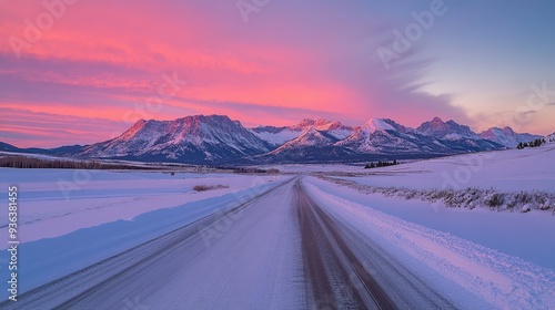Wallpaper Mural A serene winter landscape with snow-covered mountains and a winding road under a colorful sky at dusk. Torontodigital.ca