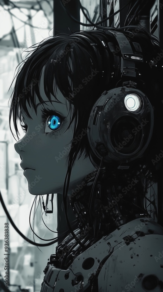Obraz premium A futuristic, cybernetic character with glowing blue eyes and headphones, set against a dark, industrial background. The character has a sleek, robotic design, blending human and machine elements.
