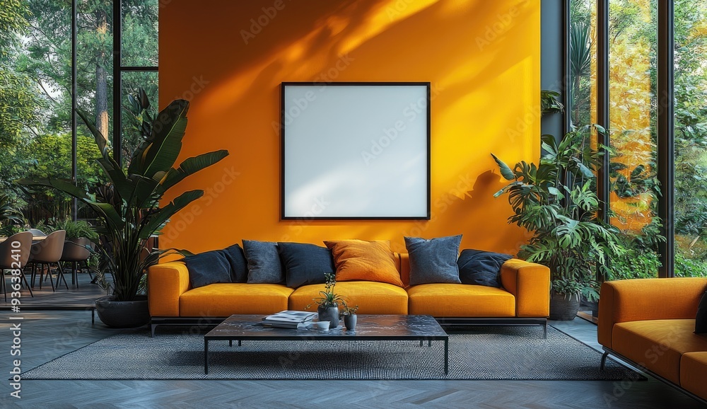 Modern Living Room with Yellow Wall and Large Windows Modern Living Room with Yellow Wall and Large Windows