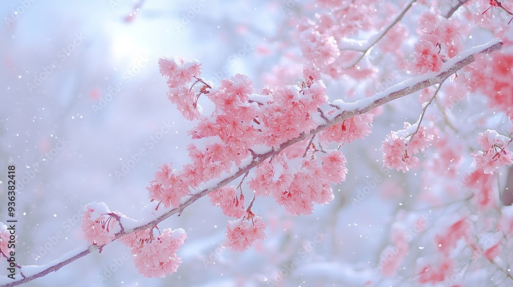 A serene scene of pink blossoms covered in snow, creating a peaceful winter atmosphere. A serene scene of pink blossoms covered in snow, creating a peaceful winter atmosphere.