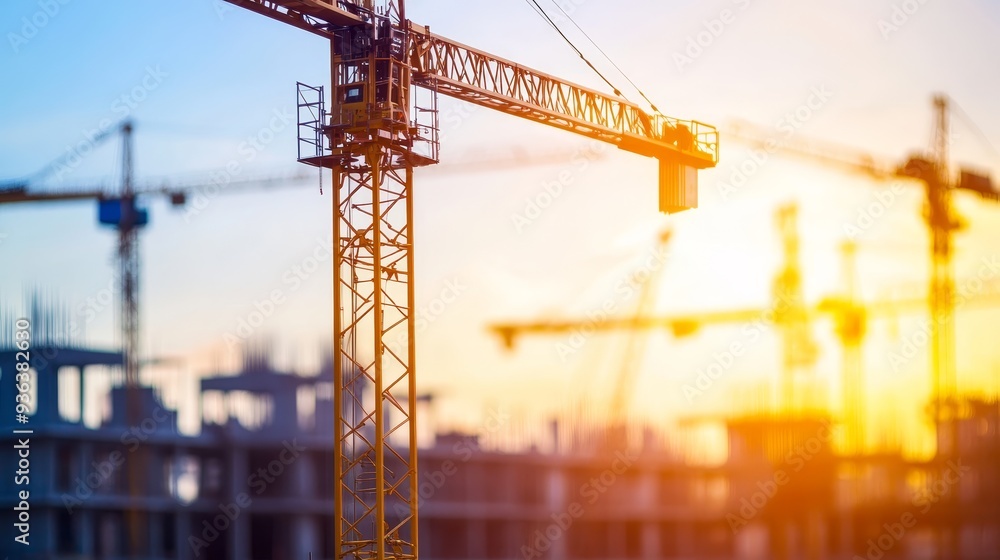 A construction site at sunset featuring cranes and building structures, highlighting industrial activity. A construction site at sunset featuring cranes and building structures, highlighting industrial activity.