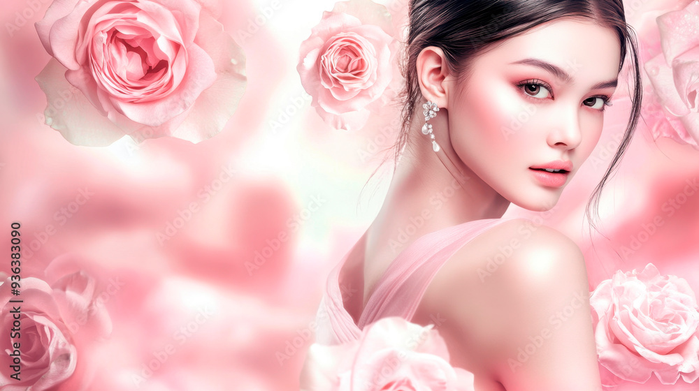 Beautiful romantic young woman in a wreath of flowers posing on a background of roses. Inspiration of spring and summer. Perfume, cosmetics concept. Beautiful romantic young woman in a wreath of flowers posing on a background of roses. Inspiration of spring and summer. Perfume, cosmetics concept.