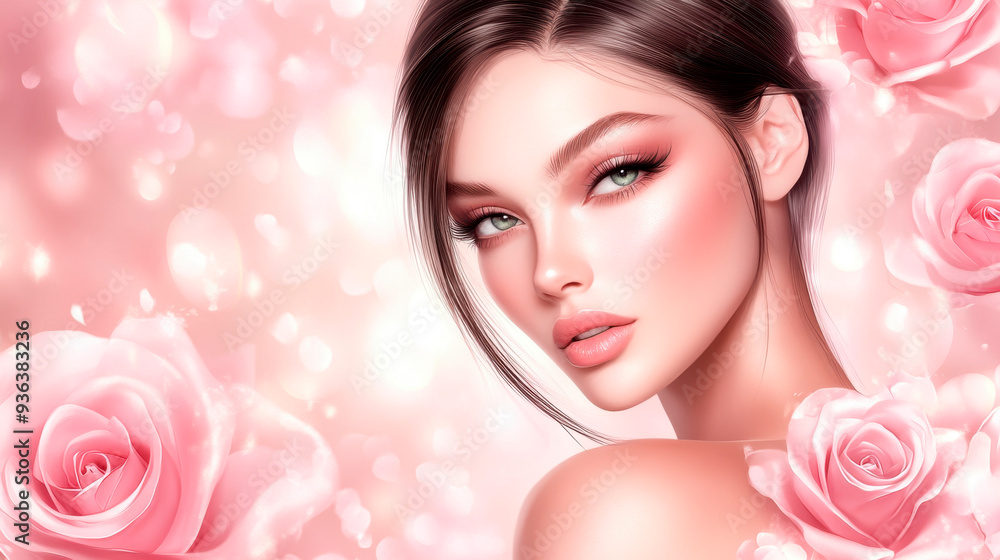 Beautiful romantic young woman in a wreath of flowers posing on a background of roses. Inspiration of spring and summer. Perfume, cosmetics concept. Beautiful romantic young woman in a wreath of flowers posing on a background of roses. Inspiration of spring and summer. Perfume, cosmetics concept.