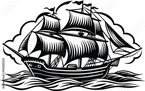 sailing ship silhouette illustration black and white