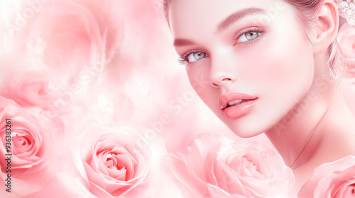 Beautiful romantic young woman in a wreath of flowers posing on a background of roses. Inspiration of spring and summer. Perfume, cosmetics concept.
