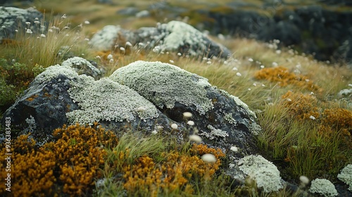 Close-up of Moss-Covered Rocks and Wildflowers in a Meadow