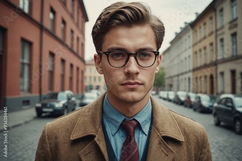 Portrait of young Soviet guy with glasses, in jacket and tie