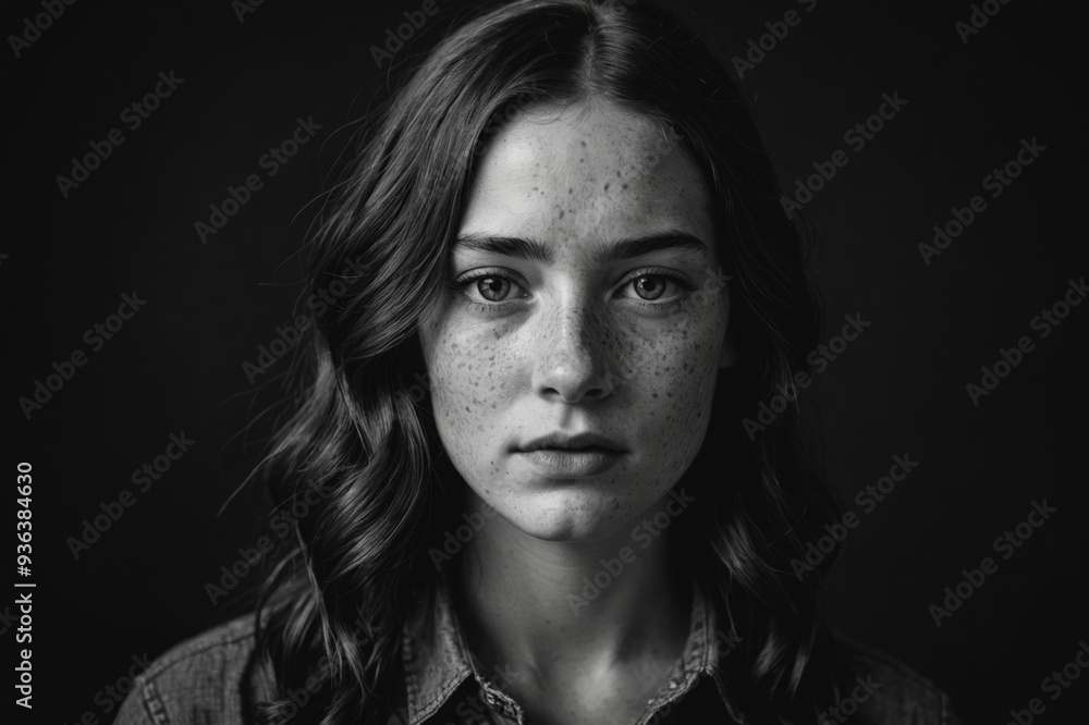 Dramatic black and white portrait of a beautiful lonely girl with freckles isolated on a dark background in studio shot Dramatic black and white portrait of a beautiful lonely girl with freckles isolated on a dark background in studio shot