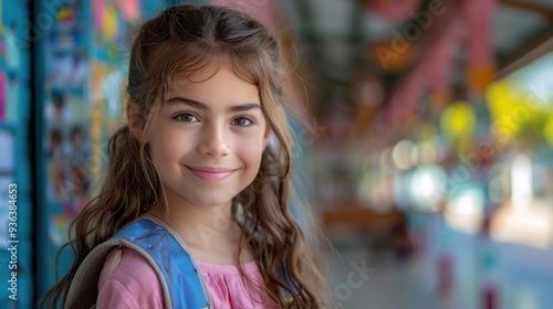 A happy girl wearing a pink shirt, she have brown hair, holding her school bag and smiling