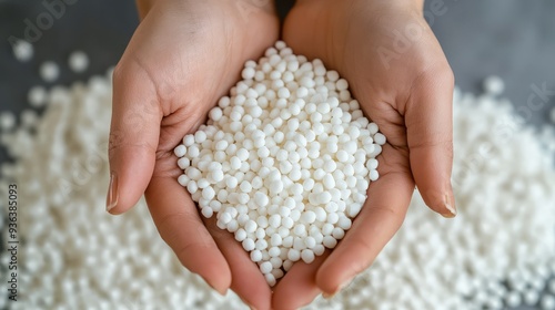Sago Pearls: A close-up shot of hands holding a handful of sago pearls, a staple ingredient in many Asian cuisines. The pearls are glistening and inviting.