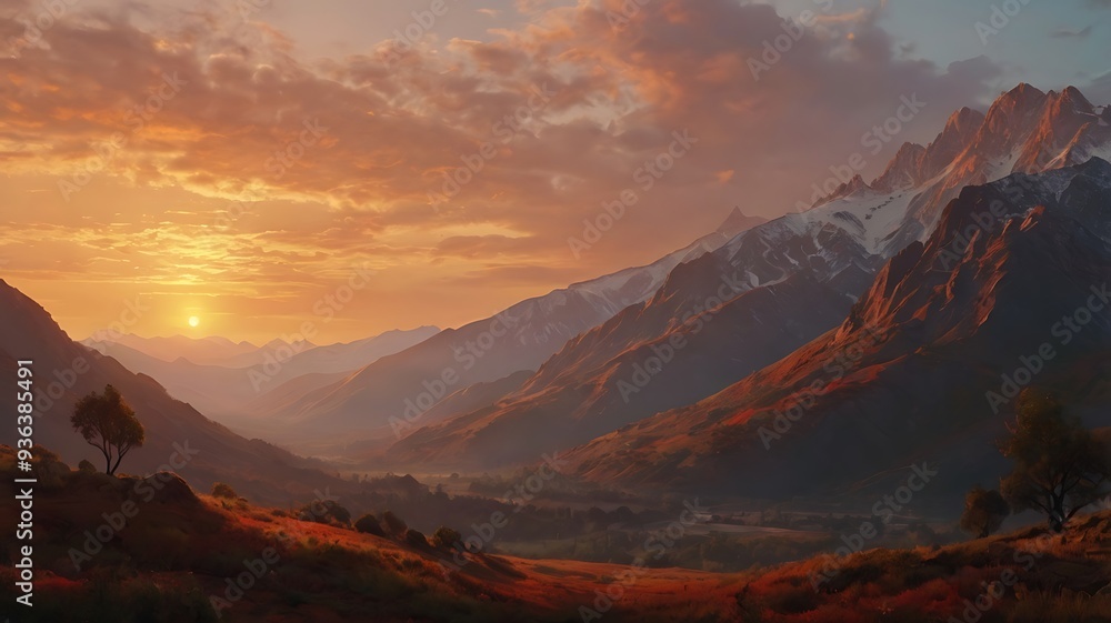 A painting of the early morning at dawn, the sun behind the mountains, the sun's light shines with red-orange colors creating an unforgettable landscape scene A painting of the early morning at dawn, the sun behind the mountains, the sun's light shines with red-orange colors creating an unforgettable landscape scene