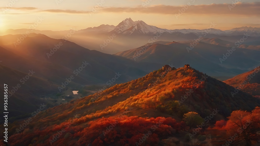 Naklejka premium A painting of the early morning at dawn, the sun behind the mountains, the sun's light shines with red-orange colors creating an unforgettable landscape scene 