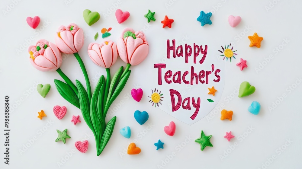 Heartfelt Tribute in Clay: Adorable Plasticine Art of Pink Tulips for Teacher's Day with Stars and Hearts Heartfelt Tribute in Clay: Adorable Plasticine Art of Pink Tulips for Teacher's Day with Stars and Hearts