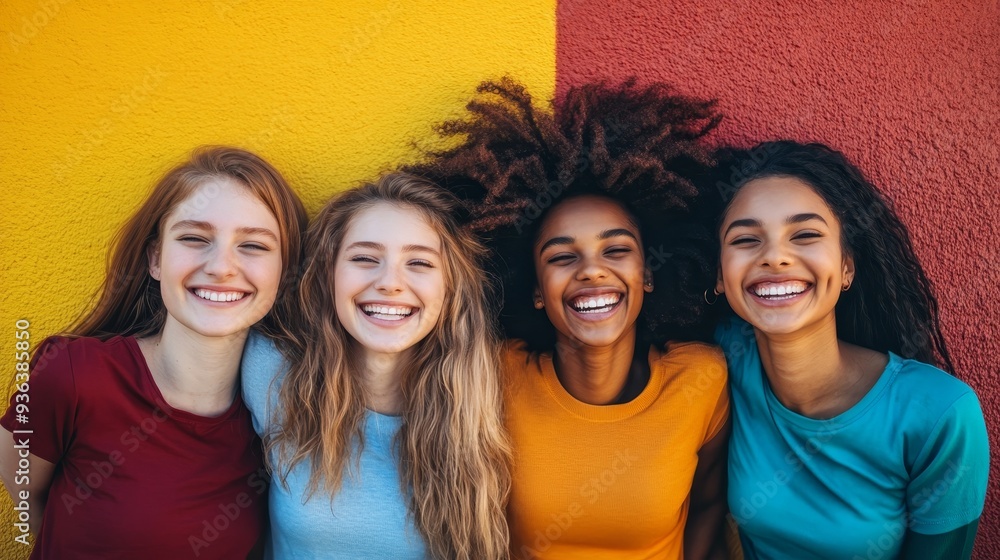 Fototapeta premium Four smiling young women posing together against a colorful wall, showcasing joy and friendship.