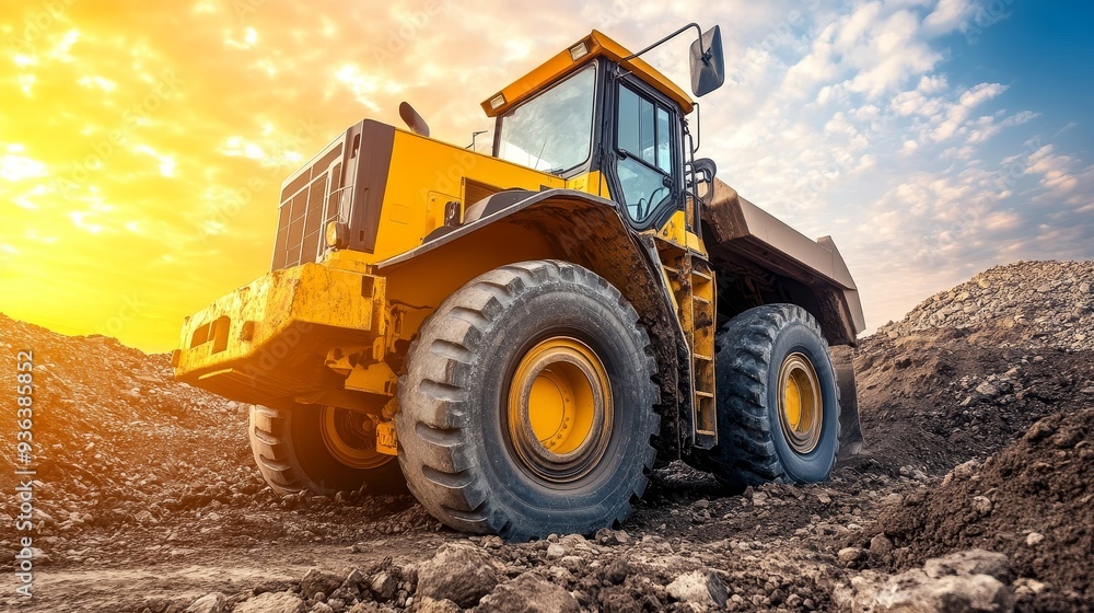 A large yellow construction vehicle is working on a dirt site during sunset, showcasing its power and utility in construction. A large yellow construction vehicle is working on a dirt site during sunset, showcasing its power and utility in construction.