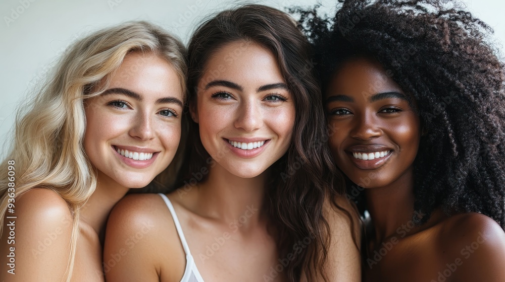 Three smiling women with diverse hair textures posing together, showcasing beauty and friendship. Three smiling women with diverse hair textures posing together, showcasing beauty and friendship.