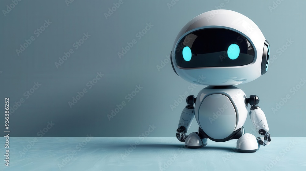 A cute, futuristic robot stands on a minimalistic surface against a soft gray background, embodying innovation and technology. A cute, futuristic robot stands on a minimalistic surface against a soft gray background, embodying innovation and technology.