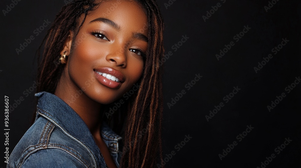 A portrait of a smiling young woman with long hair, wearing a denim jacket against a dark background. A portrait of a smiling young woman with long hair, wearing a denim jacket against a dark background.