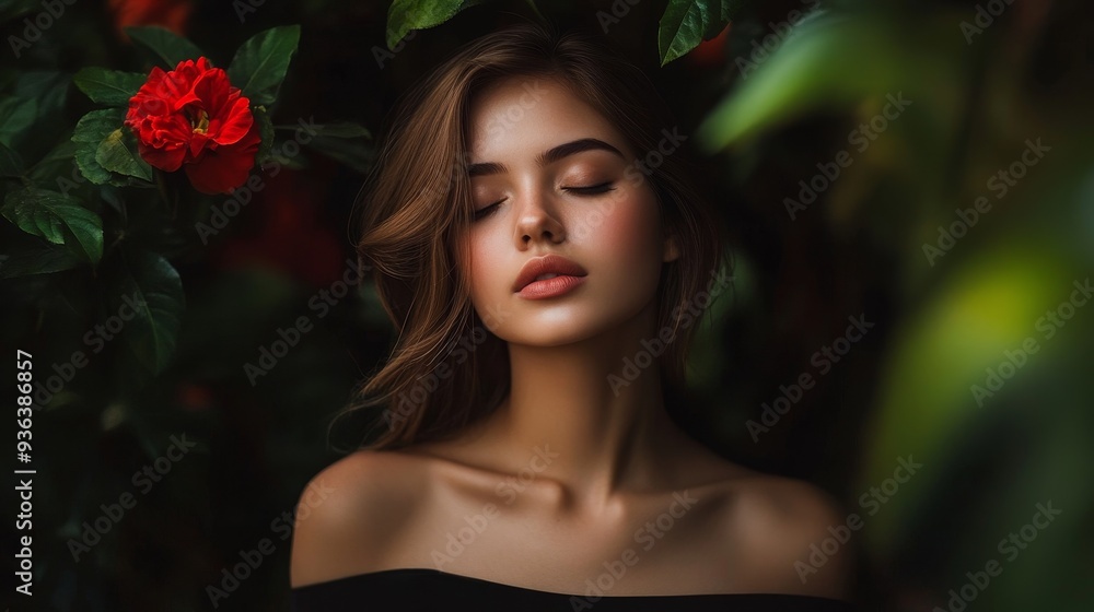 A serene portrait of a woman surrounded by lush greenery and red flowers, evoking beauty and tranquility. A serene portrait of a woman surrounded by lush greenery and red flowers, evoking beauty and tranquility.